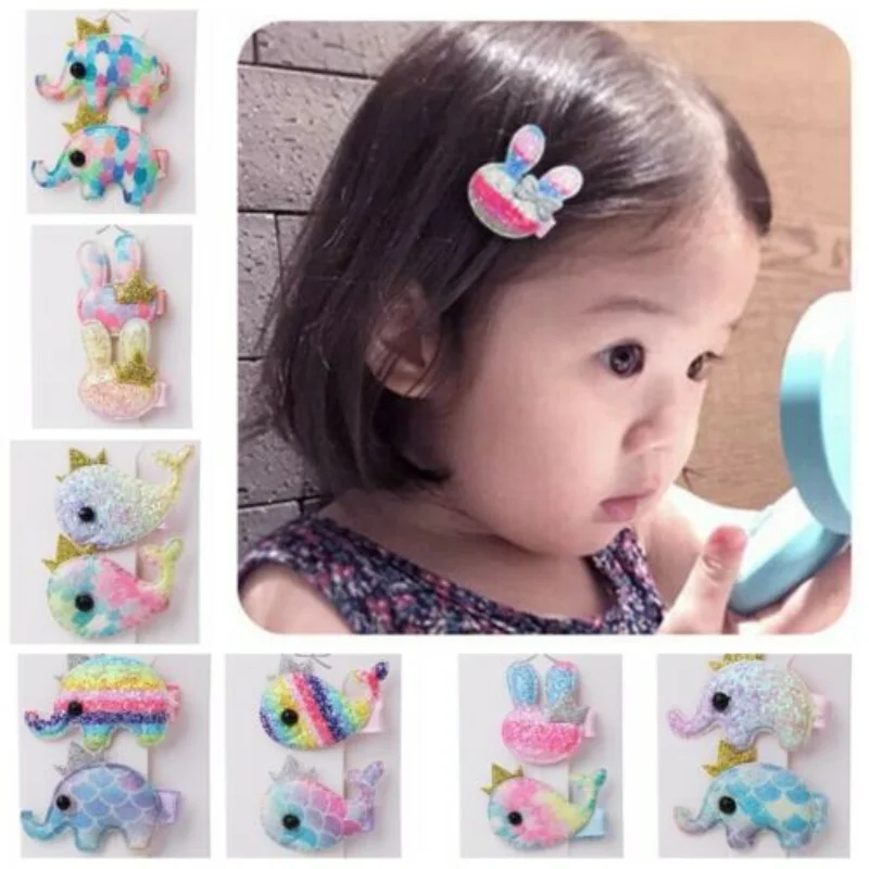 

2Pcs Baby Elephant Hair Clip Children Shiny Fish Scale Cloth Barrettes girls Hair Accessories Gradient Rainbow Girls Hairpins