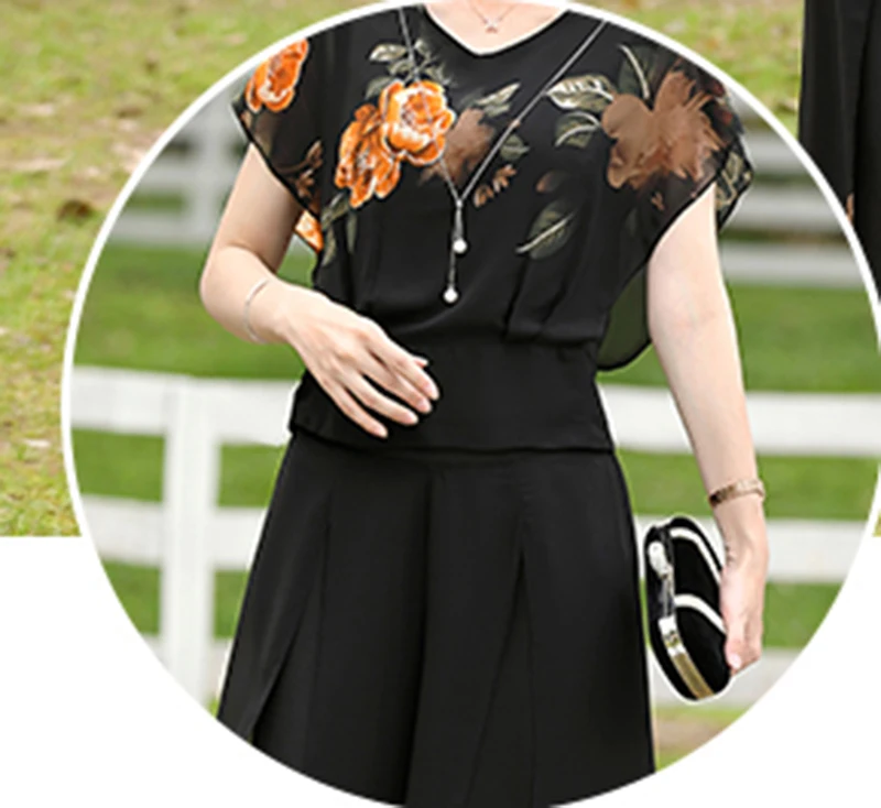 

Mom Summer Dress 2020 New Fashion Temperament Two-piece Female Chiffon Short-sleeved Set Loose Nine-Point Pants L175