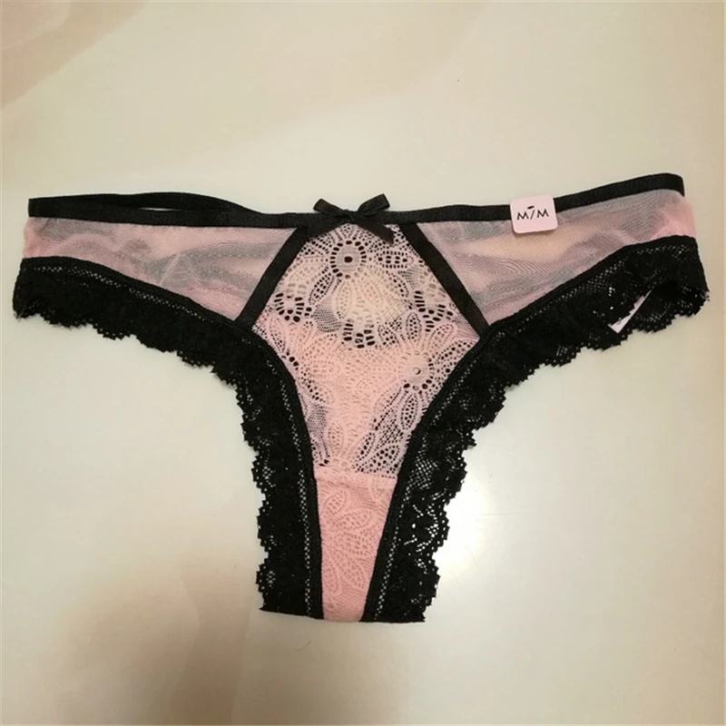 

Hollow flower lace thong women's thong color matching t-pants cotton crotch front and back double bow thong women
