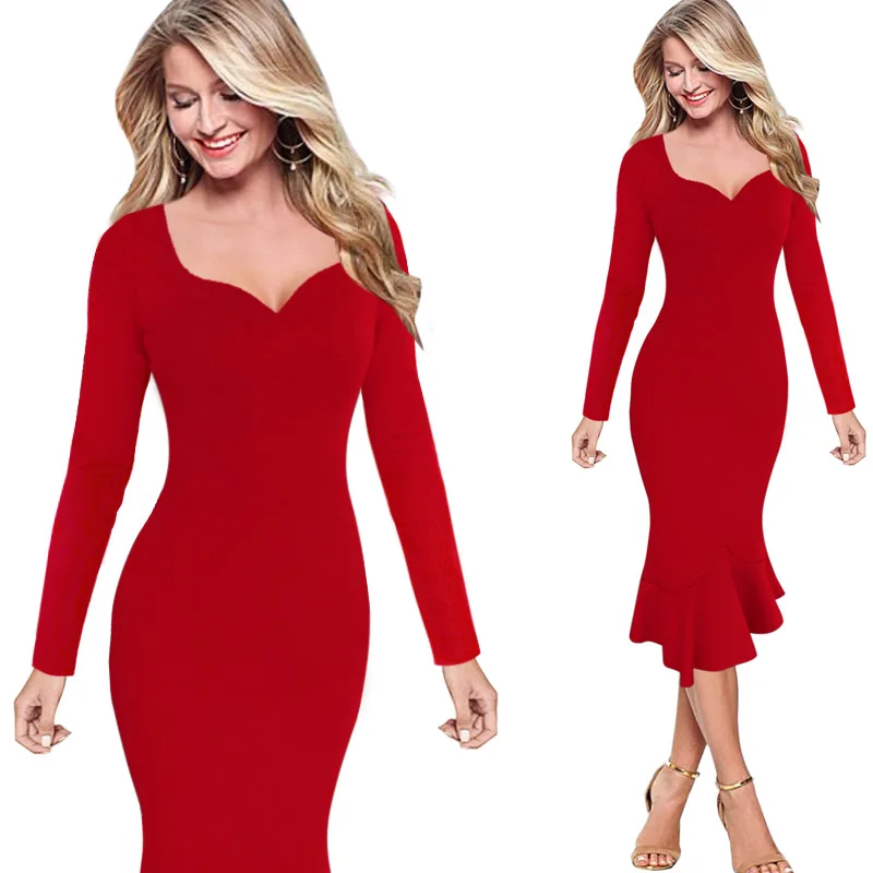 Red Long Sleeve Vfemage женские элегантные Винтаж Леопардовый принт одноцветное кинозвезды Повседневное Коктейльные Вечерние облегающее Русалка миди длиной до середины голени, 1360 - Цвет: Red Long Sleeve
