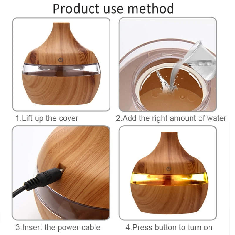 

300Ml USB Electric Aromatherapy Air Humidifier Wood Grain 7 Color LED Light