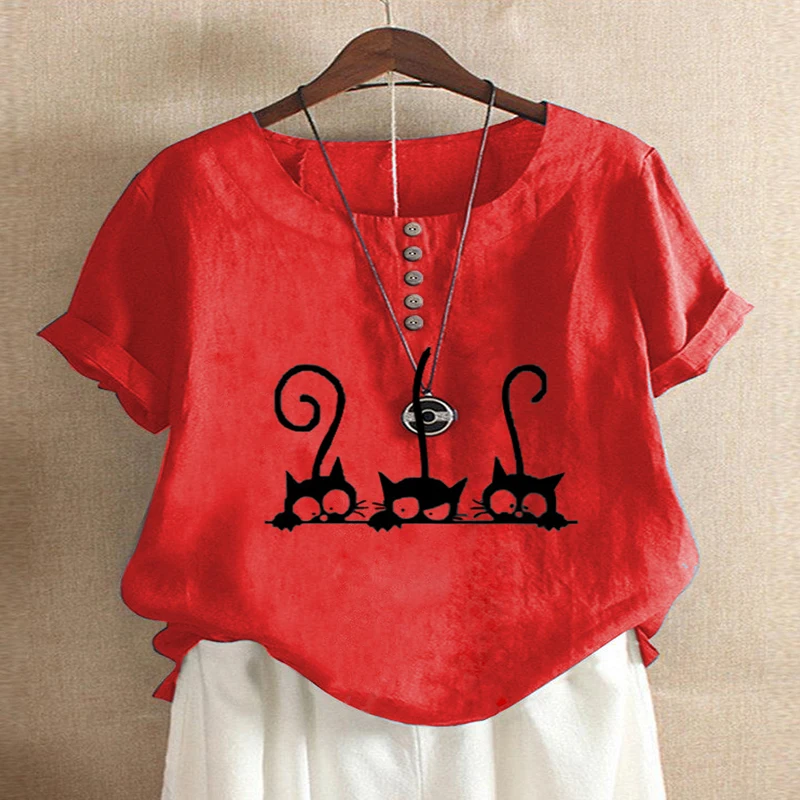 Blusa holgada informal con estampado de gato para verano, Camisa lisa de manga corta con cuello redondo para mujer, color blanco, Túnica de talla grande
