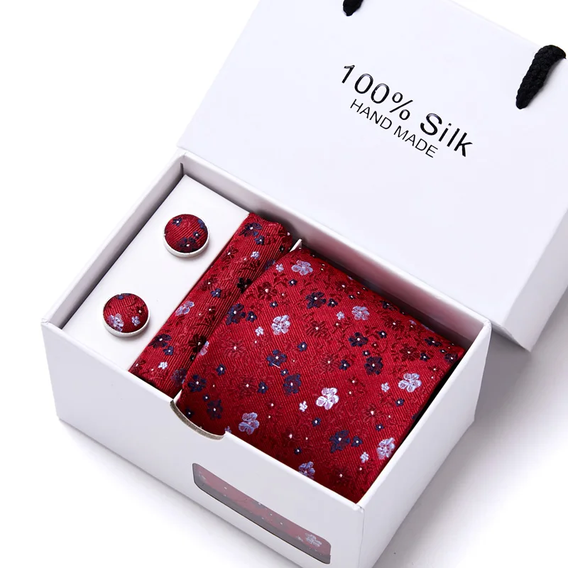 

Men Floral Neck Tie Set Handkercheif Set 7.5cm Width Neckties Jacquard Corbata Gift Box Packing Mens Fashion