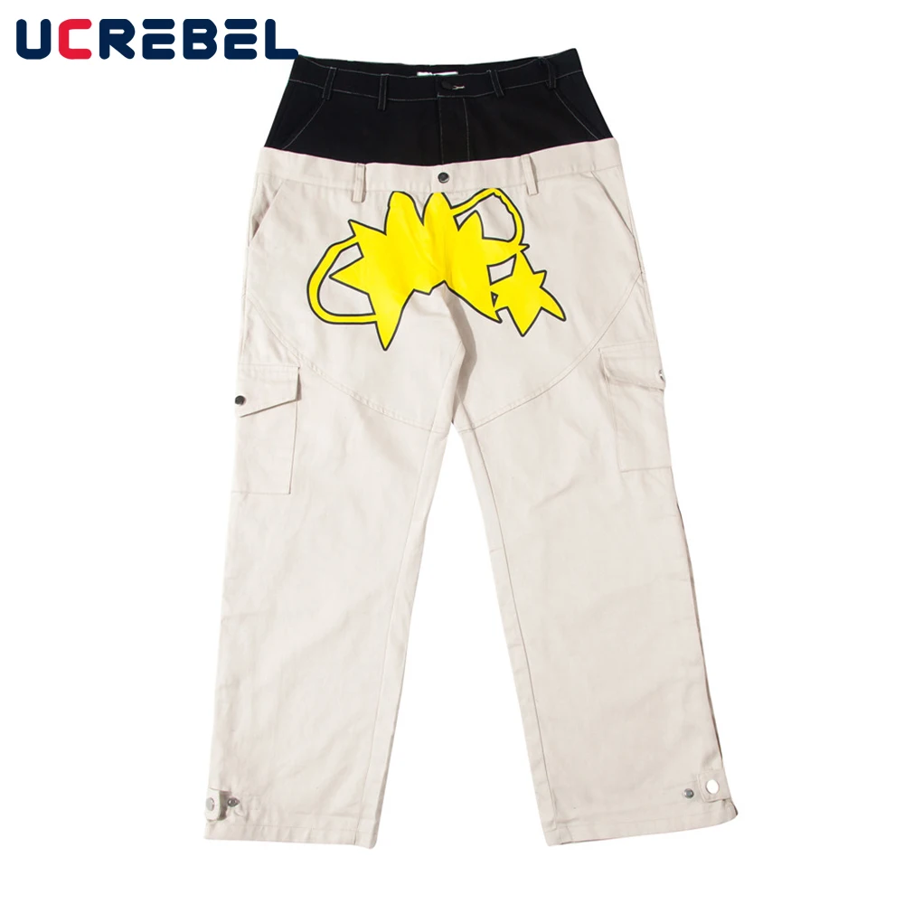 

Брюки мужские с контрастным принтом, повседневные свободные прямые штаны в стиле High Street с мультяшными панелями, брюки с эластичным поясом и ...