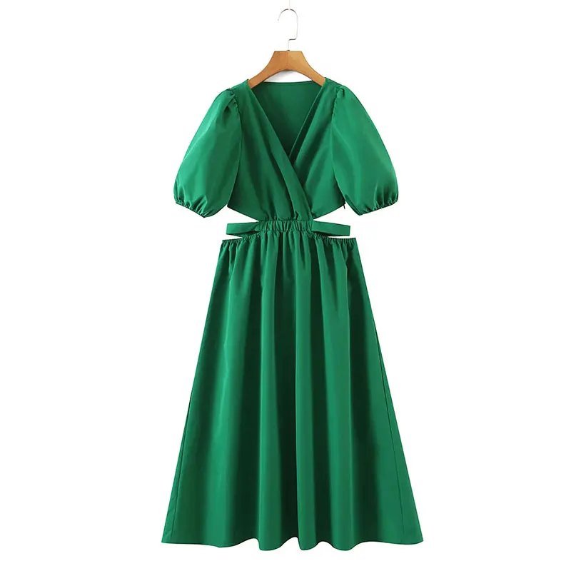

Nlzgmsj ZBZA Women 2022 Fashion Women Green Hollow Out Dress for Spring Short Sleeve Ladies Bow Midi Dress Robe 202211