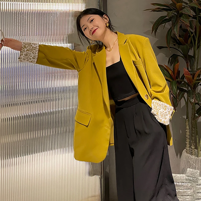 

SHENGPALAE Elegant Blazer Women's Spring Autumn 2021 New Notched Large Size Single Breasted Long Sleeve Spliced Lace Suit Coat