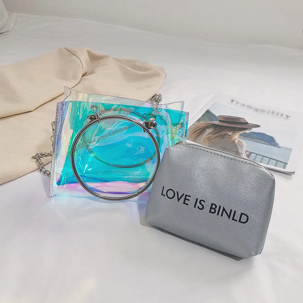 

2PCS Messenger Bag Women Laser Bags 2019 New Lady Jelly Square Shoulder Bag Messenger Bags + Hand Wallet Female Color Handbag