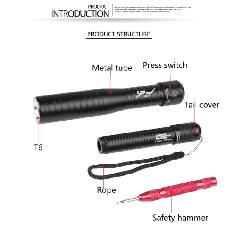 

Multi-function Led Flashlight Ultra Bright Torch T6 Camping Light Waterproof Fixed Focus Diving Hand Light Use 18650 Battery