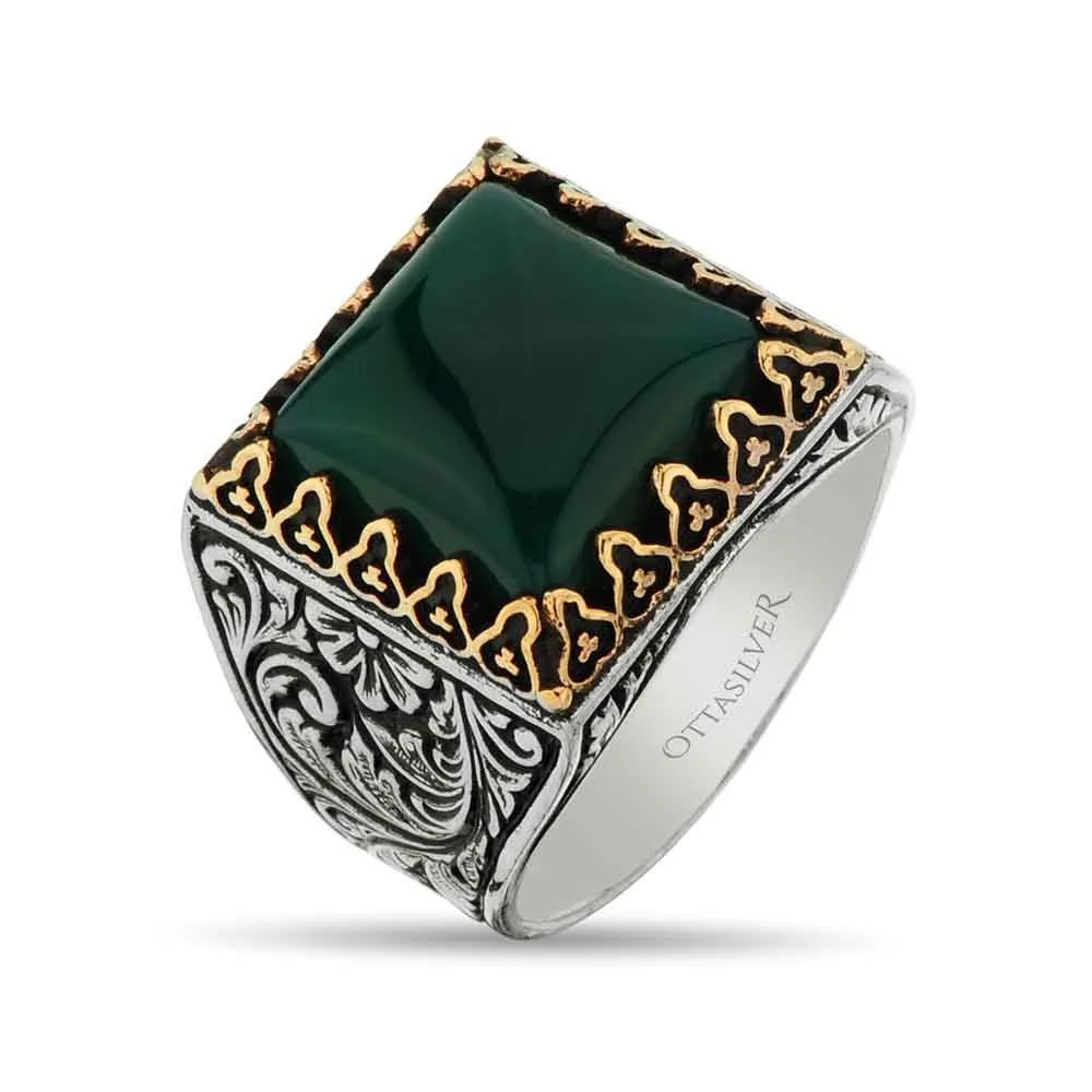 

Business Men's 925 Silver Emerald Ring Fashion Pattern Inlaid Gemstone Jewelry Punk Party Birthstone Band