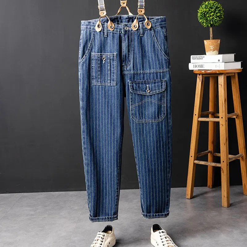 ZYYong Fahsion Man Jeans Bib Overalls Multi Pocket Hip Hop Streetwear Blue Stripe Homme Denim Trousers Leisure Cargo Pants