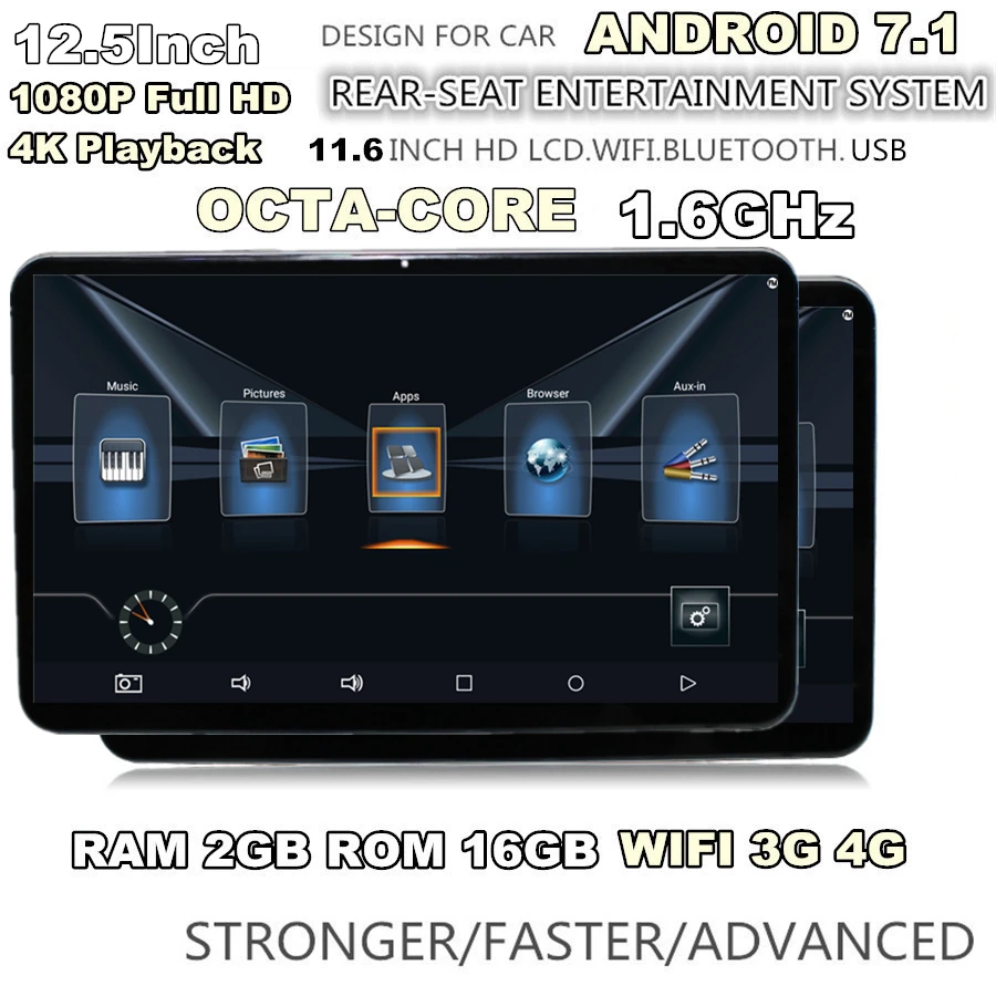 Пара 12,5 HD 1080P Android 7,1 ram 2GB rom 16GB Octa-core 1,6 GHz wifi 3g/4G BT HDMI подголовник заднего сиденья мониторы сенсорный экран