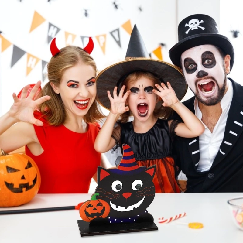 Деревянные настольные украшения в виде тыквы и черной кошки на Хэллоуин