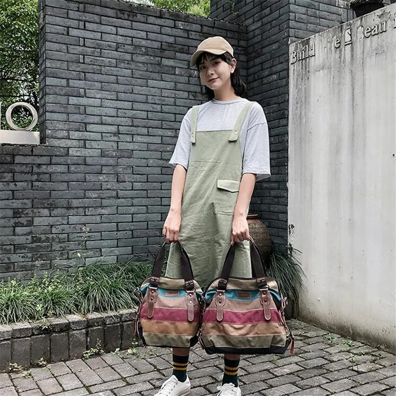 

Canvas Totes Striped Womens Handbag 2021 Patchwork Rainbow Shoulder Bag Fashion Female Casual Crossbody Bag Sac a Main