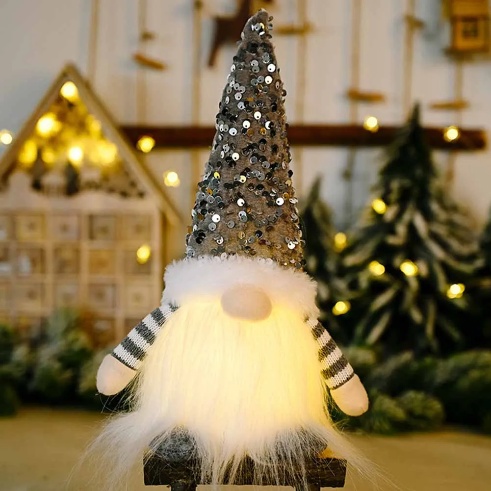 

LED Light Christmas Sequins Gnome Ornaments Plush Faceless Doll Xmas Decor Party Gift Red Pink Gray Tree Door Wall Hanging