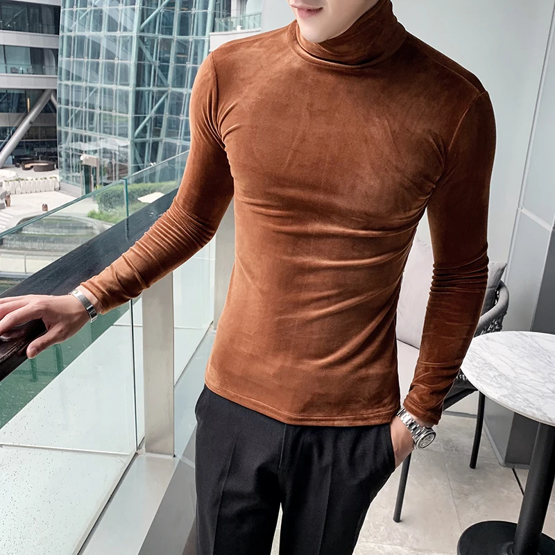 Азиатский размер Slim Fit стрейч бархат водолазка Мужская футболка с длинным рукавом осенние вечерние Нежные мужские