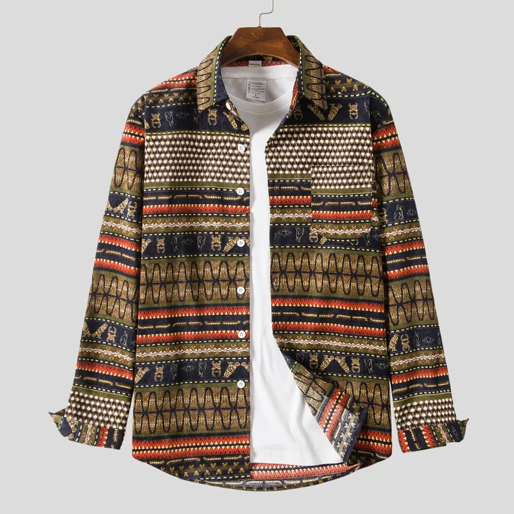 

Men's wickvelvet striped stylish lapel long-sleeved shirt Men Splicing Striped Corduroy Leisure Retro Shirt Top Blouse Camisas