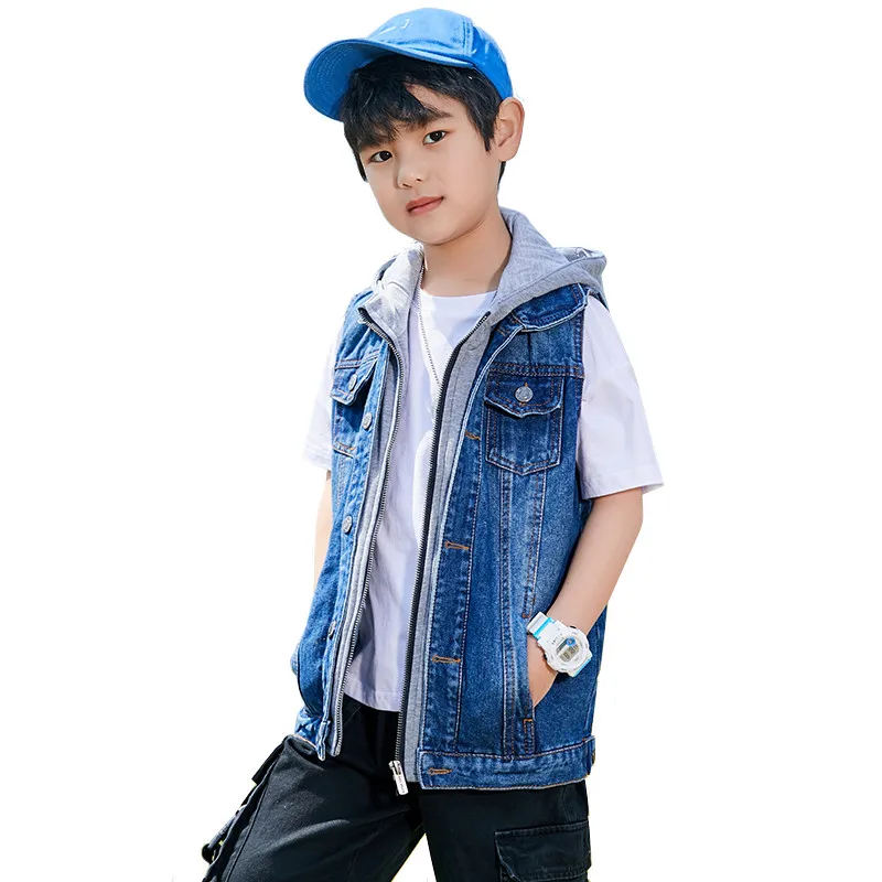 

Boys Denim Vest With Hood Splicing Fashion Design Kids Sleeveless Jean Jacket Outerwear For Teen Boy 2-14 Year Waistcoat LC070
