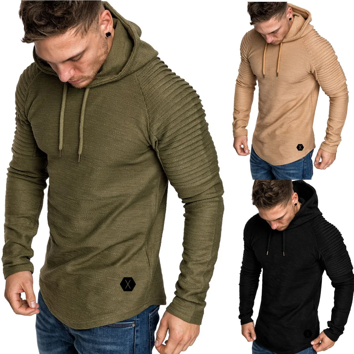 

2021 Men's T-shirt Round Neck Slim Solid Color Hooded Long Sleeve Folded Raglan Sleeve Men's Top goth korn t shirt