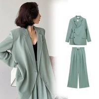 suit women blazer set coat chic green fashion simple slim long sleeve top pants sets elegant office lady 2 piece set women