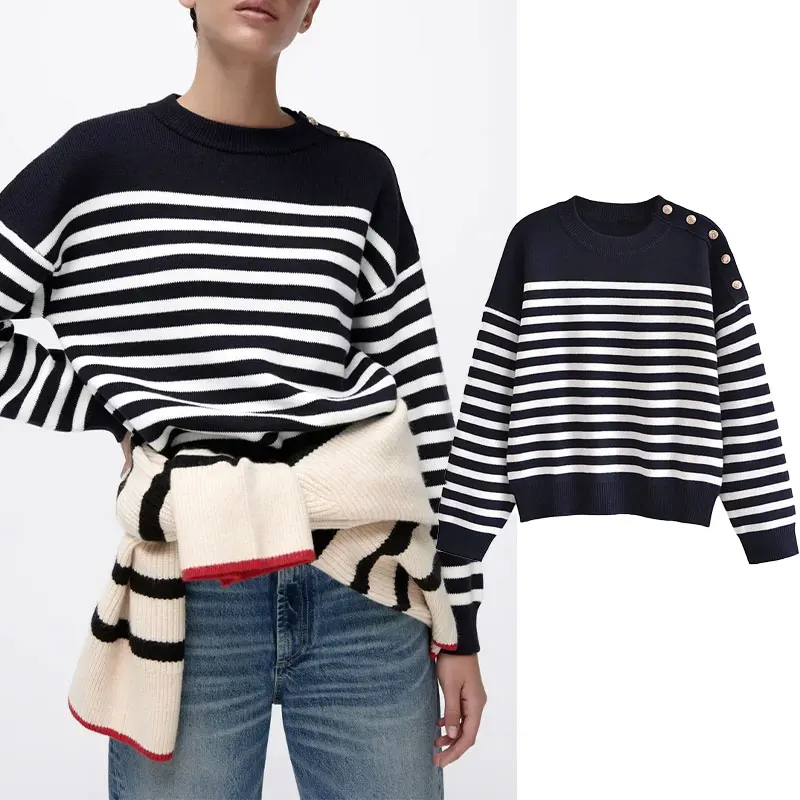 

Женский вязаный свитер Za, модный винтажный пуловер с длинным рукавом и золотистыми полосками, Осень-зима 2021