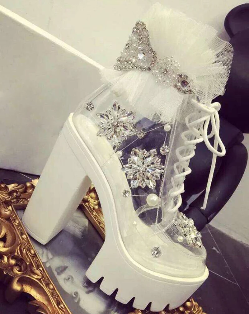 Диаманта Bling прозрачный ПВХ ботильоны со стразами и жемчугом шарик шпильки