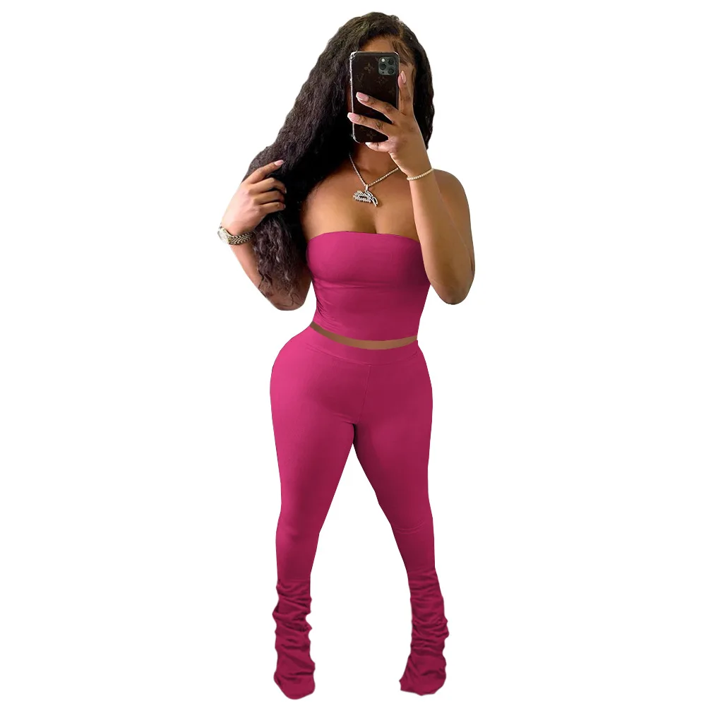 

Casaul Women Stacked Two Piece Set Strapless Top + Long Pants Sportsuit Tracksuit Women Outfit