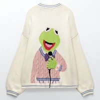zaahonew new women autumn cute animal embroidery knit cardigan long sleeve vintage knitted top chic button up sweater female