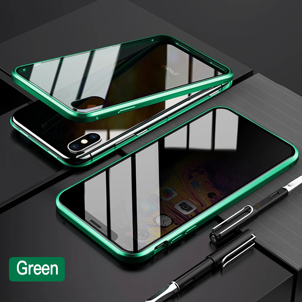 Green Магнитный чехол из закаленного стекла для iPhone XS 11 Pro MAX XR X 8 samsung Galaxy Note 10, Защитный металлический бампер - Цвет: Green