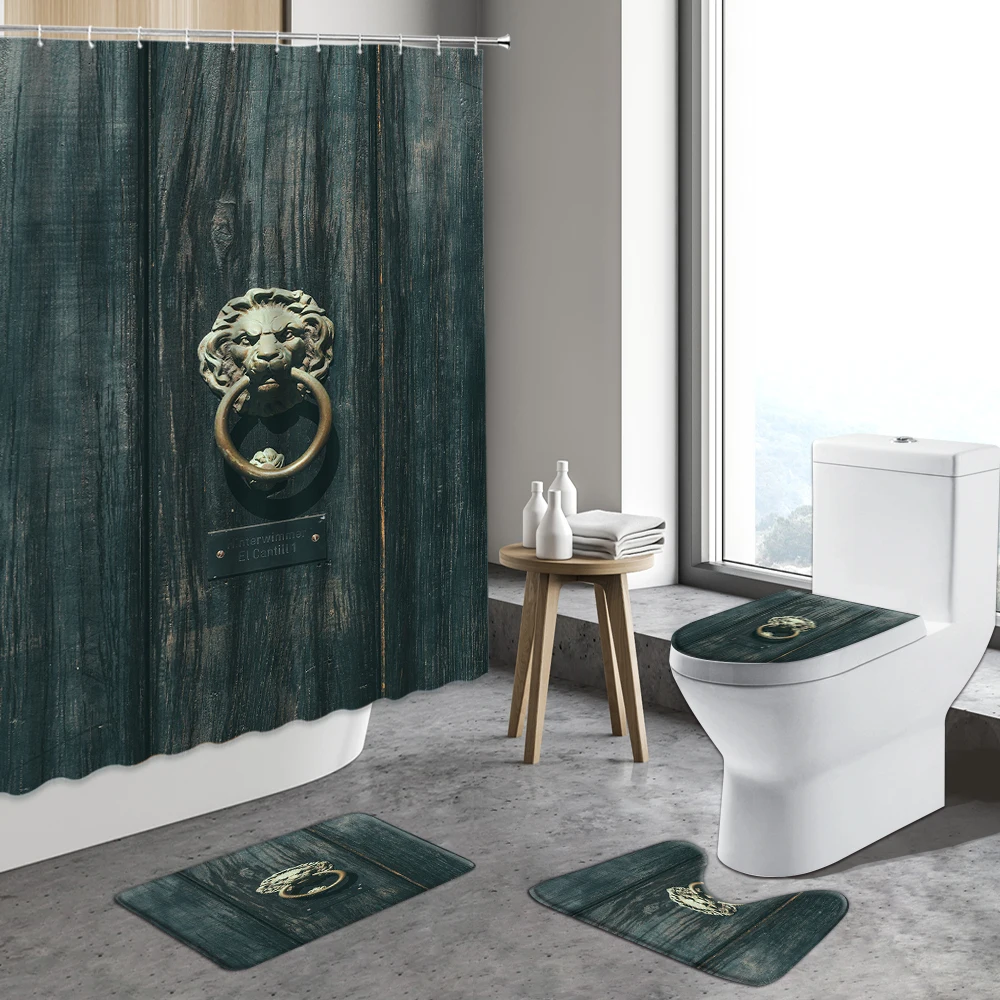 Offerte 4 Pezzi Vintage Vecchia Porta Di Legno Tenda Della Doccia Fattoria A Strisce Bordo Di Legno Tappeti Antiscivolo Tappeto Bagno Coprivaso Tappetini Da Bagno
