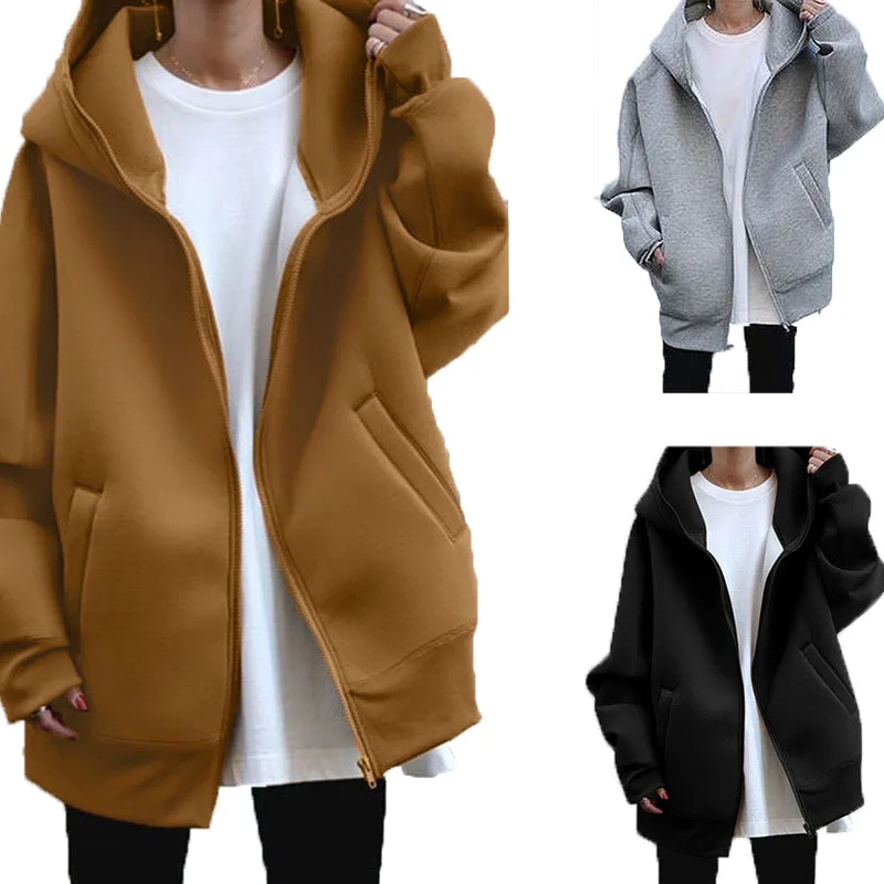 

Женский свитер с капюшоном, осенне-зимний модный Индивидуальный уличный длинный бархатный жакет, повседневный однотонный спортивный карди...
