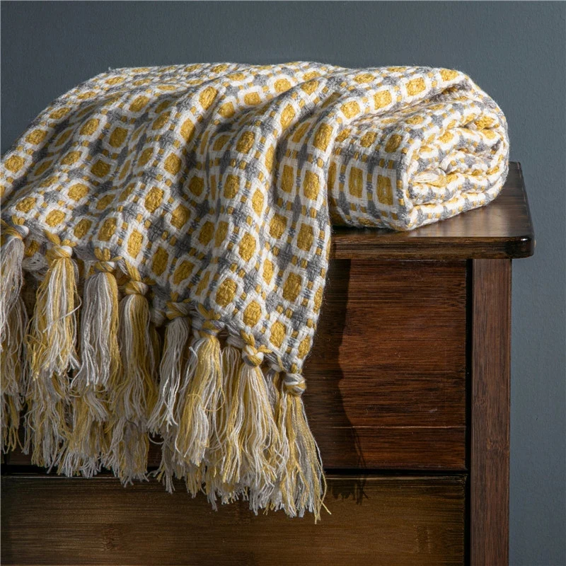 

Nordic Knitted Blanket Travel Blanket Plaid Bed Khaki Sofa Throw Rug with Tassels Vintage Thin Summer Air Condition Blankets