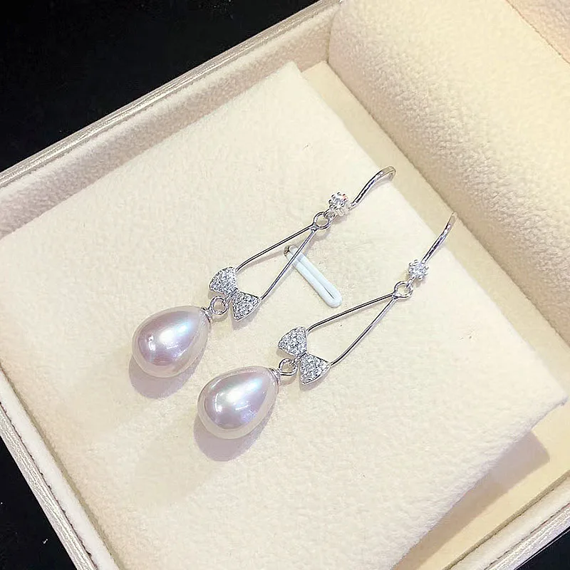Noble jewelry Bowknot Natural 8-10MM akoya Pearl Drop Earrings 925 Sterling Silver Jewelry For Woman Gift | Украшения и