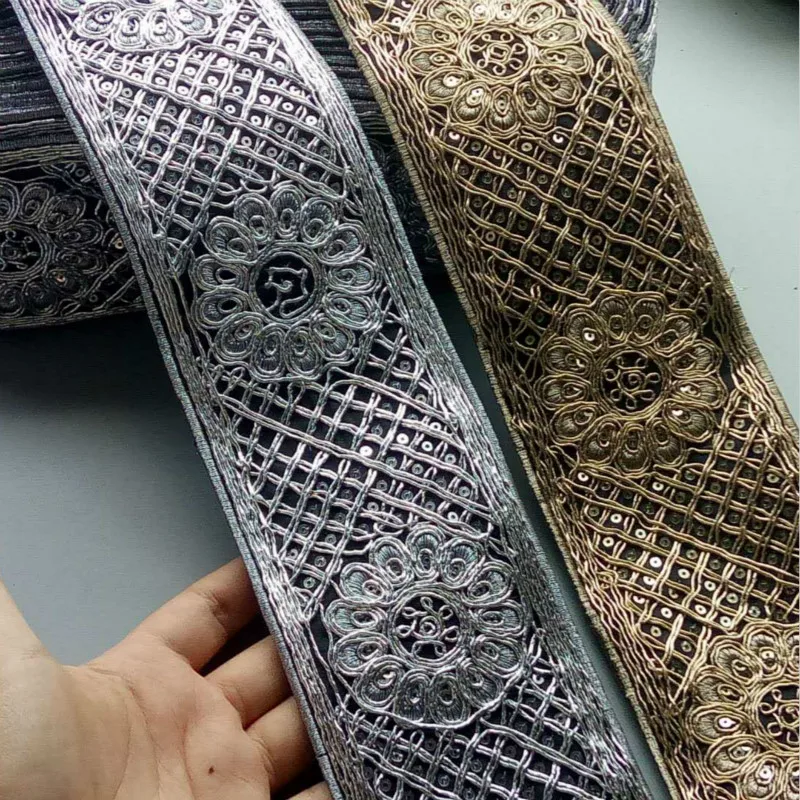 1 Yards Silver Gold 8cm Ethnic Thread Sequins Webbing Ribbon Tape Shoes Dress Embroidered Lace Trims DIY Sewing Accessorie | Дом и сад