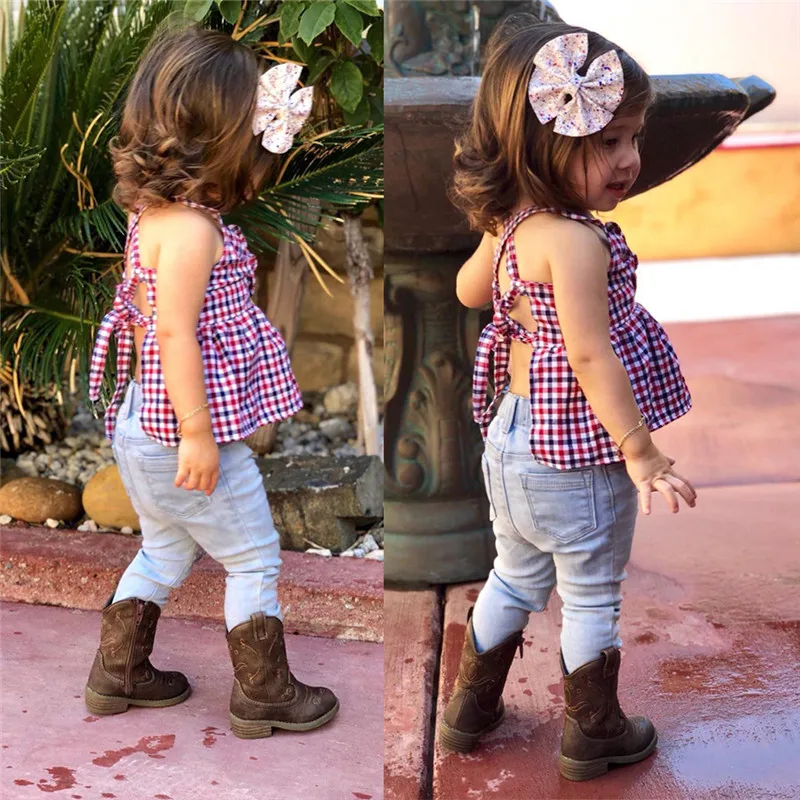 2 шт. клетчатая рубашка и джинсовые брюки для девочек с открытой спиной|Комплекты