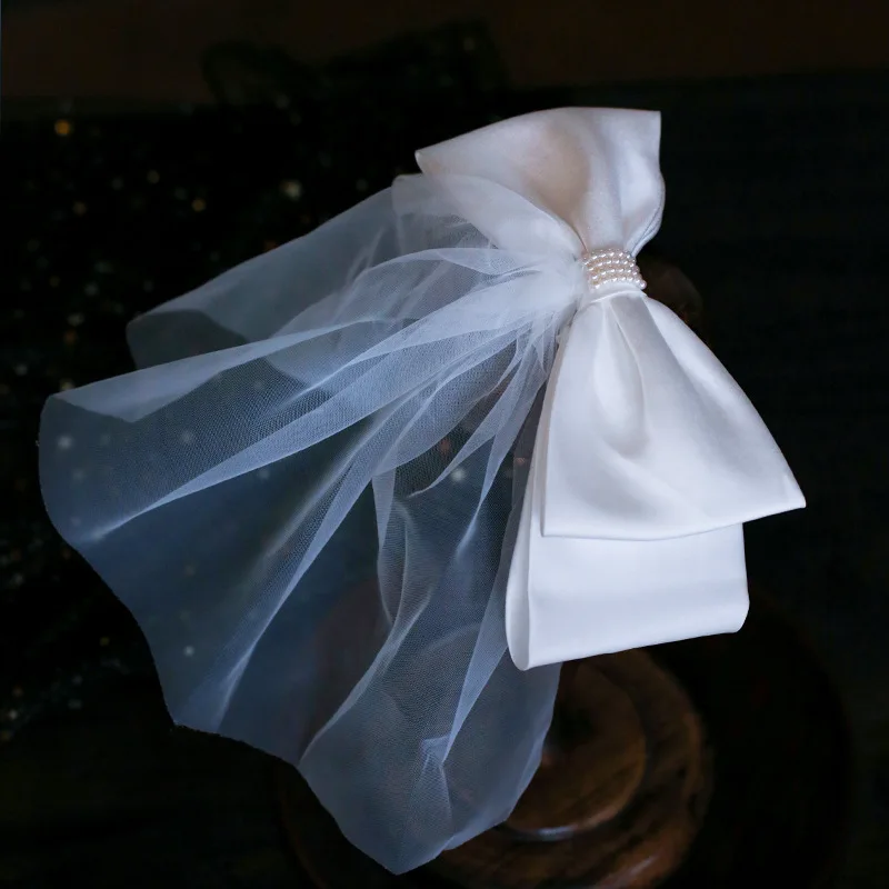 

fashion Korean bride headpiece sweet white satin big butterfly net gauze covering veil headdress jewelry women hair accessories