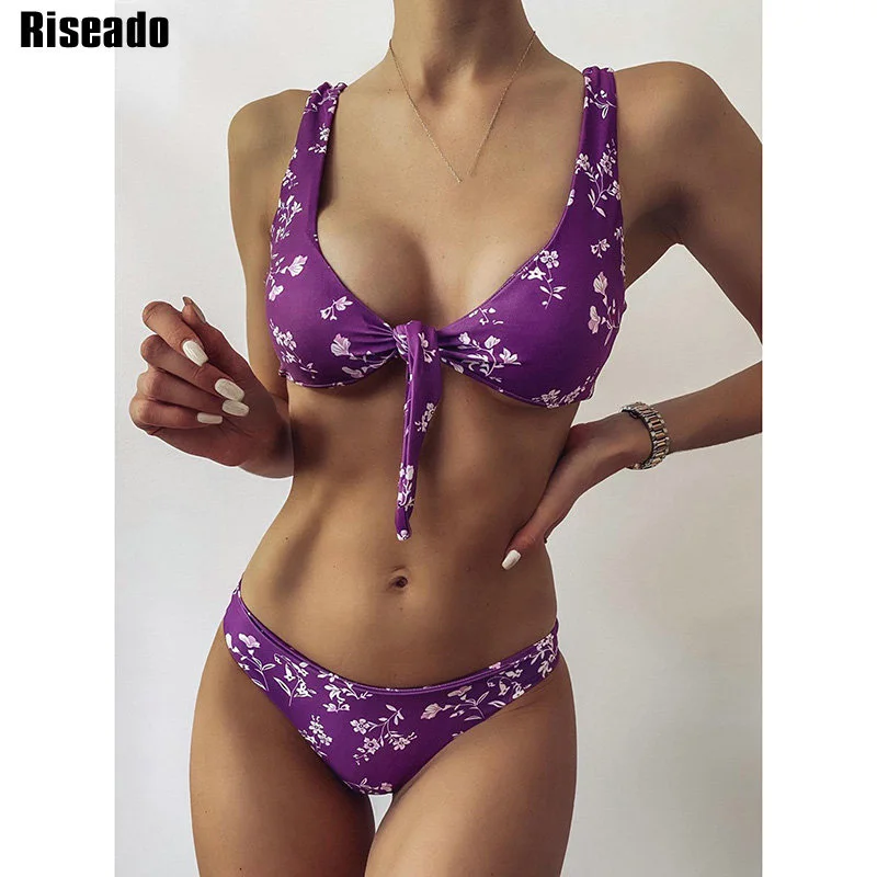 

Riseado Floral Print Bikini Set 2021 Knotted Swimwear Women Swimsuit Push Up Bathing Suits Purple Sexy Biquini Summer Beachwear