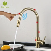 smart touch sensor brushed gold kitchen faucet pull out kitchen sink water mixer tap single handle 360 rotation shower faucets