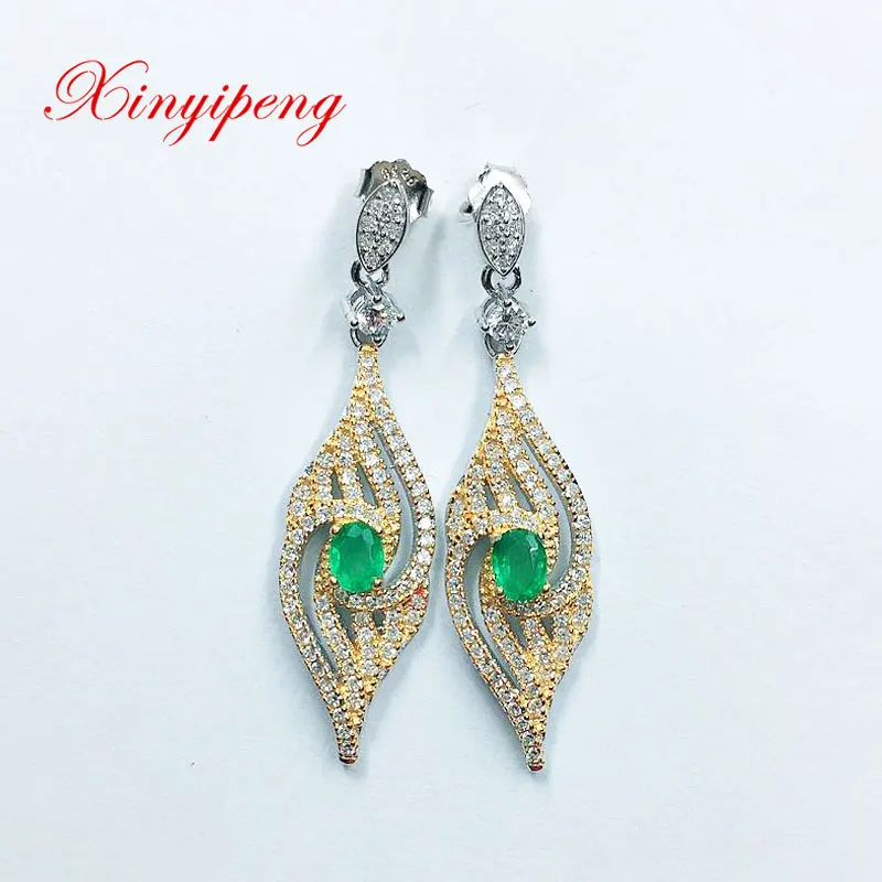 

Xin Yipeng S925 sterling silver white gold yellow gold inlaid real natural emerald earrings fine party gift for women 3.5*4.5mm