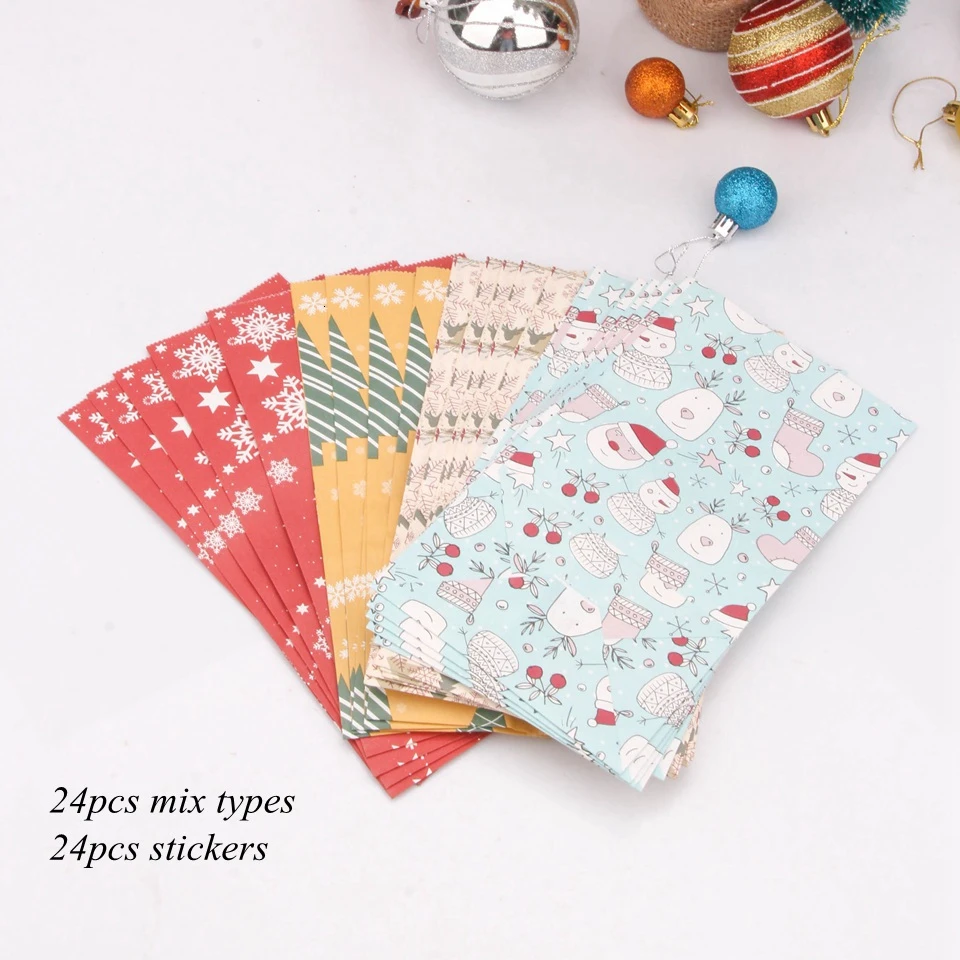 24pcs Mix 4 types 24 шт конфеты подарочные пакеты с наклейками смешанные типы Олень Снежинки Счастливого Рождества гостей упаковочные коробки праздничный подарок на Рождество Декор - Цвет: 24pcs Mix 4 types