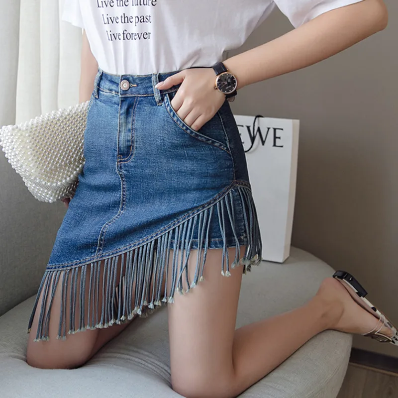 [EWQ] Высокая поясная сумка с бахромой сексуальная женская джинсовая юбка имитация