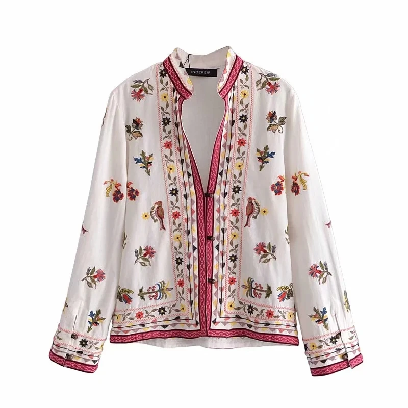 

Женская блузка с длинным рукавом Za, хлопковая Свободная рубашка с цветочной вышивкой, шикарные топы на пуговицах в этническом стиле, весна