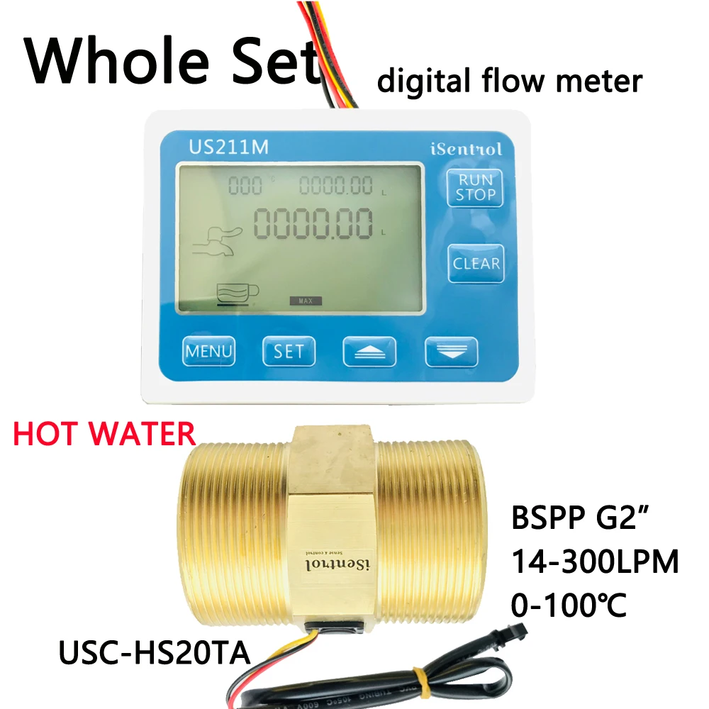 

HOT WATER US211M Digital Flow Meter & USC-HS20TA Hall Flow Sensor Measurement 14-300L/min Range BSPP G2" Dijiang iSentrol Saier
