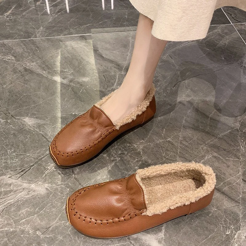 

Women Winter Plush Flat Shoes Women 2021 Casual Loafers Mocassin Femme Retro Warm Fur Boat Shoes Soft Leather Black Flats