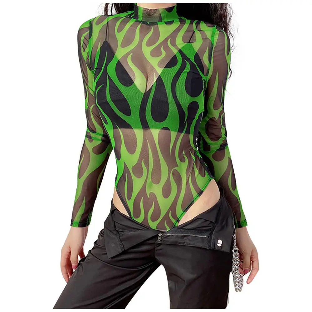 Модные женские Стрейчевые боди сексуальные прозрачные сетчатые водолазки с