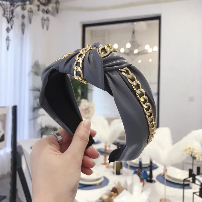 

Bohemian Knotted Headband Fashion Gold Chain Wide Side Headband Soft Pu Leather Women Solid Color Hairband Bezel Hair Accessory