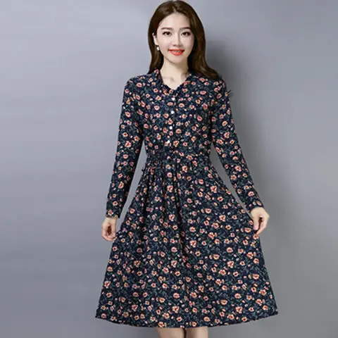 

2021 spring dress new temperament women's floral dress long sleeve slim mid length skirt summer