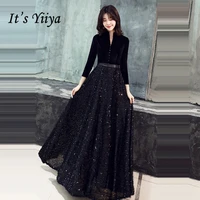 its yiiya black evening gown v neck botton solid patchwork sequined robe de soiree k362 three quarter sleeve evening dress 2020