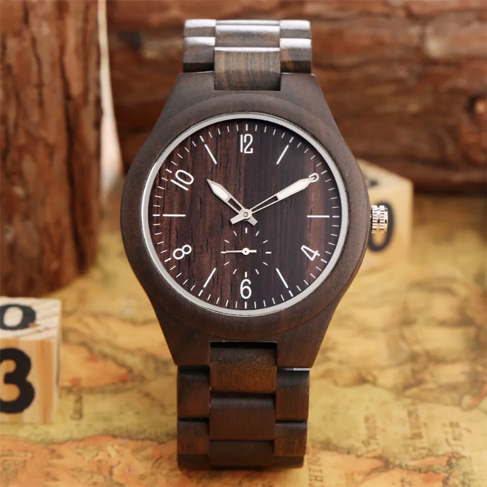 

Ebony Wood Watch for Men Quartz Full Wooden Timepiece Creative Luminous Pointer Seconds Small Dial Mens Watches reloj masculino