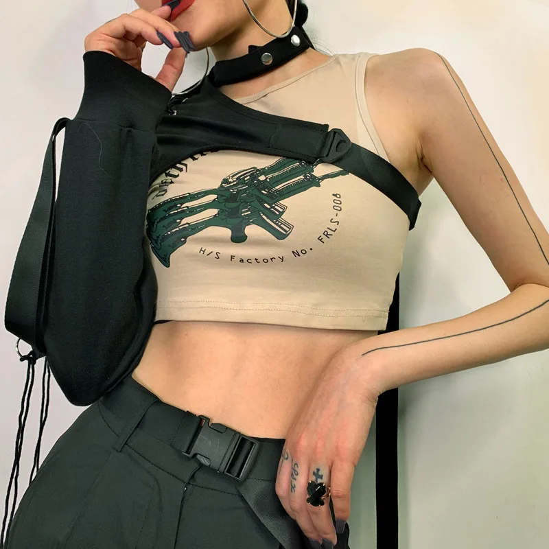 Топ женский в готическом стиле жилет с одним рукавом и ремнем для танцев хип-хоп