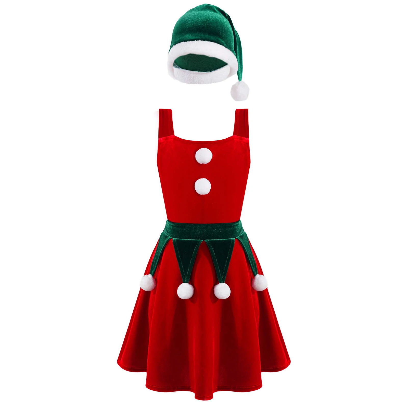 

Детское рождественское платье с шляпкой без рукавов, красное бархатное платье-трапеция на бретелях, вечерние платья принцессы, костюм эльф...